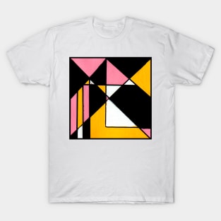 Pink Yellow Black White Geometric Abstract Acrylic Painting T-Shirt